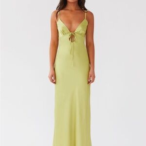 Boutique Chartreuse Satin Slip Maxi Dress with Front Tie